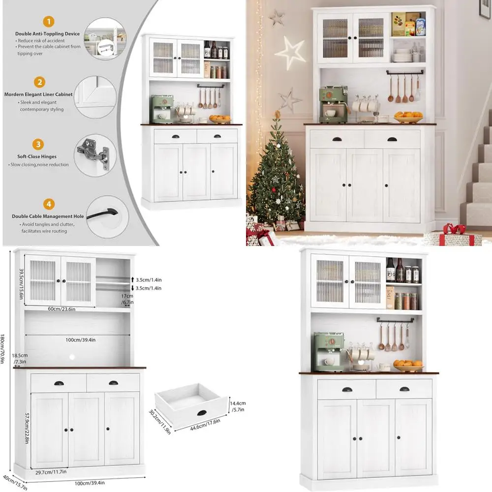 

Высокий деревянный шкаф-буфет с подставкой для микроволновой печи, кухонный шкаф для хранения, белый