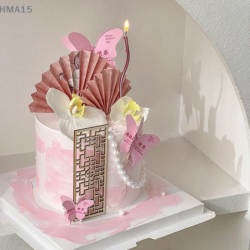 Decoración de pastel de estilo chino para el día de la madre, enchufe de pantalla de abanico de mariposa para el día de la madre feliz
