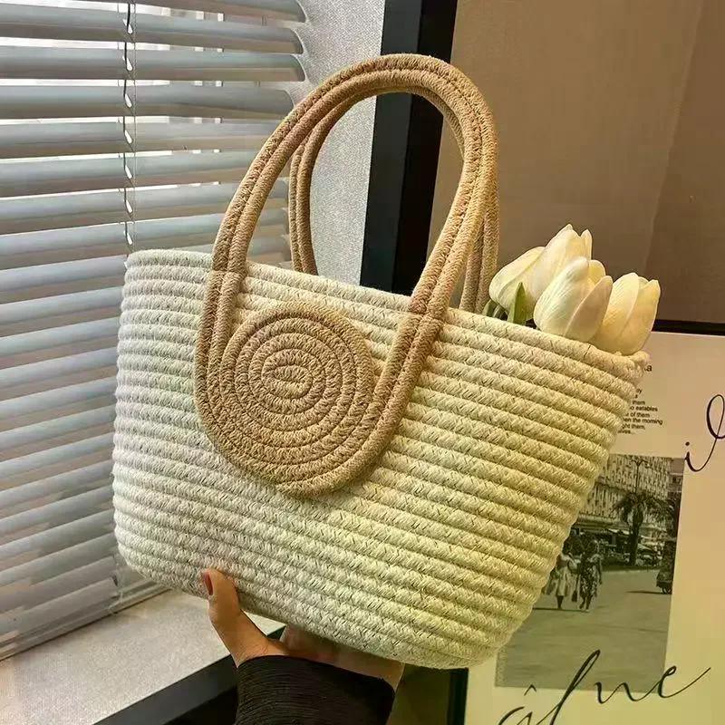 Fashion Women's Woven Handbag Large Capacity Cotton Rope Retro Rattan Bag For Summer Beach Vacation Girls Gift
