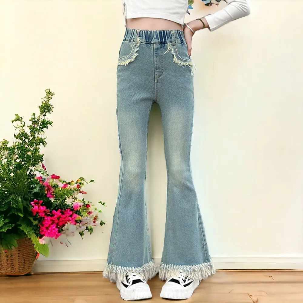 سراويل جينز زرقاء فاتحة للبنات ، سراويل المراهقين مع شرابات ، ملابس أطفال ، ملابس أطفال ، أطفال 5 ، 7 ، 9 ، 10 ، 12 ، 13 سنة ، الخريف