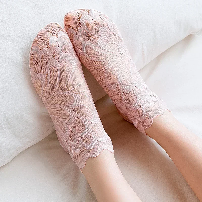 1/5pairs Women Lace Flower Mesh Socks Non-slip Invisible Liner Sock Female Elastic Comfy Thin Transparent Breathable Ankle Socks