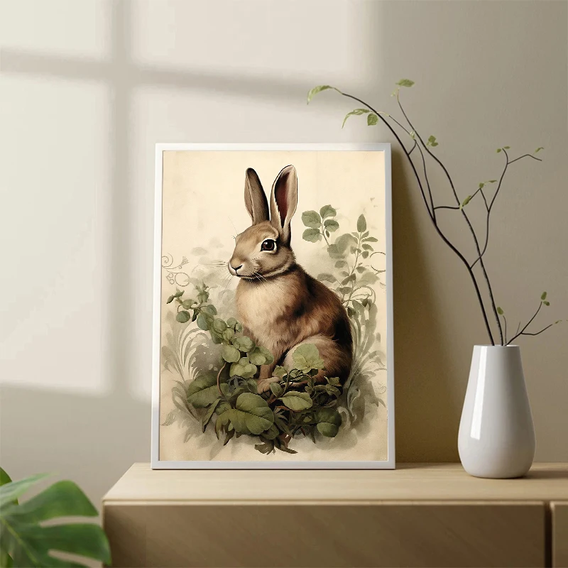 Boho Rabbit Bunny Vintage Poster Rustic Hare Cottagecore Print Canvas Painting Animal Wall Art Picture Easter Farmhouse Decor