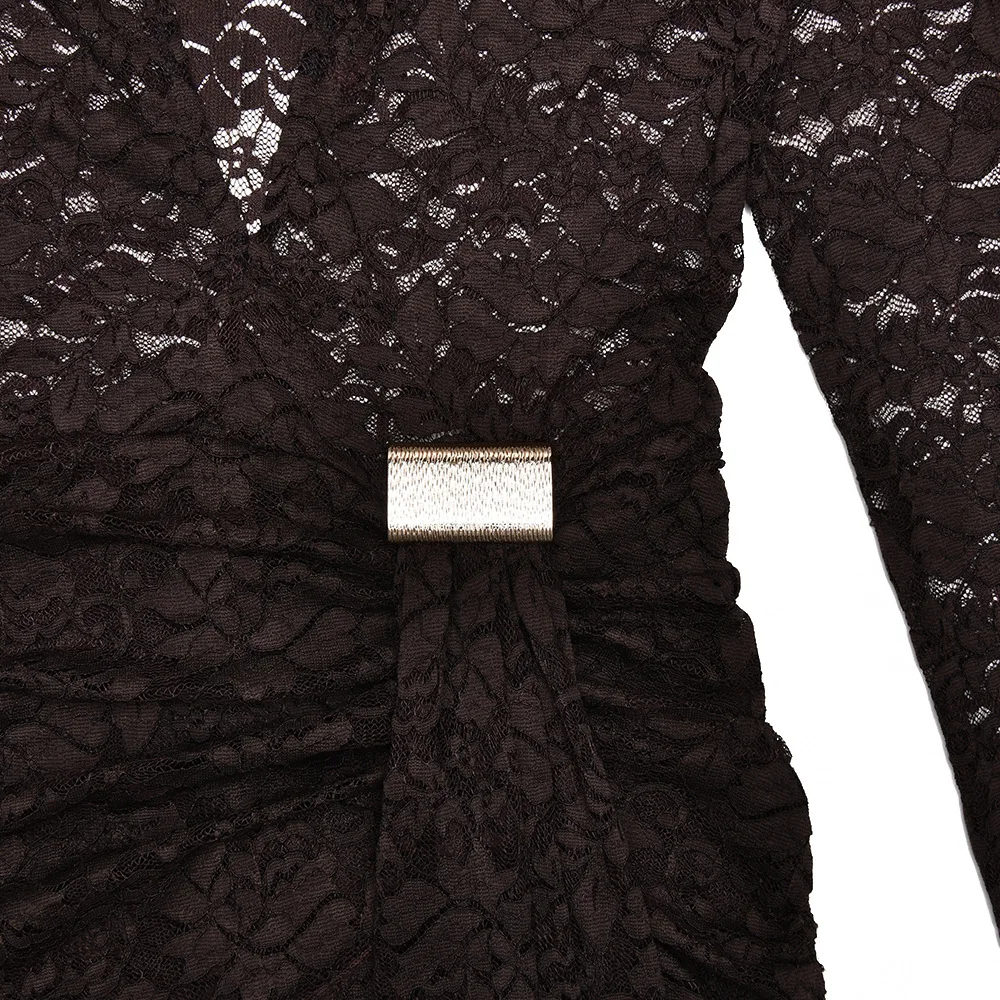 ผู้หญิงเซ็กซี่ดูผ่านลูกไม้ Playsuits ลึก V คอยาวแขนยาวโลหะหัวเข็มขัดริบบิ้น Ruched Capris Overalls Club Party Rompers