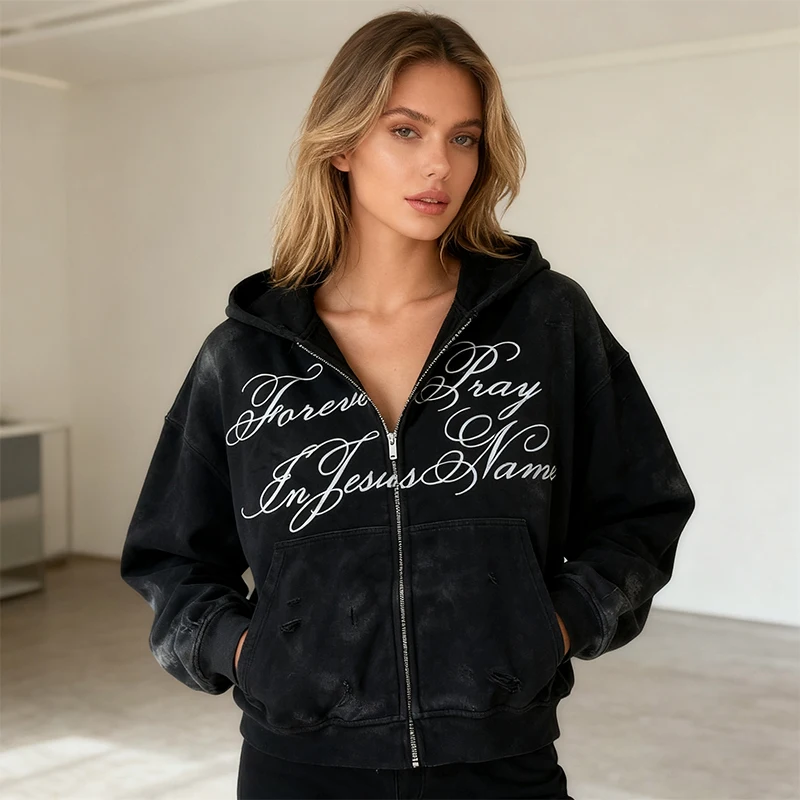 

Gothic retro ins style letter printed hooded zipper cardigan for women's street fashion Y2k clothing in autumn and winter season
