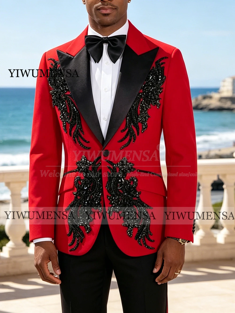 

Эксклюзивный мужской костюм для свадьбы, черный, с кристаллами и бисерными аппликациями, пиджак для выпускного вечера, индивидуальный пошив, комплект из 2 предметов, свадебный смокинг для жениха.