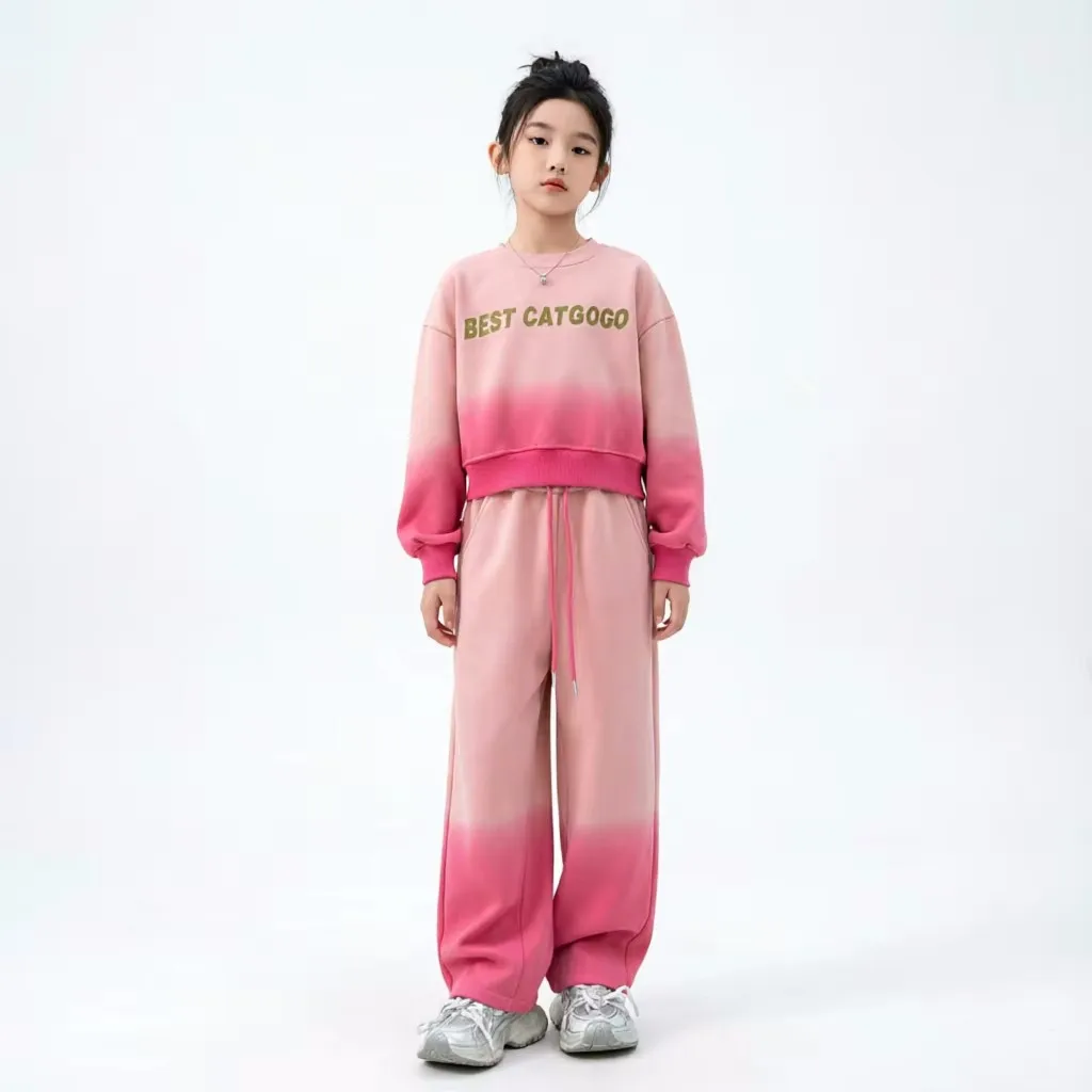 Girls Stylish Crop 3D Alphabet Pullover Sweatshirt+Sweatpant Work Set School Kids 2PCS Tracksuit Children Jogging Outfit