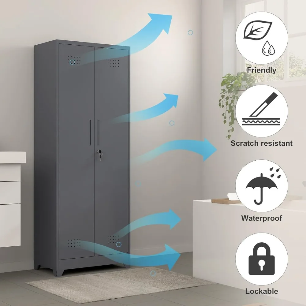 Gabinetes de almacenamiento de metal con puertas bloqueables y estantes ajustables para garaje, armario organizador de escoba gris para limpieza S