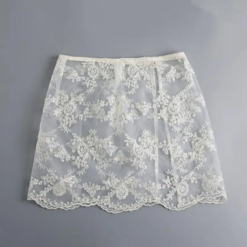HX6F Layering Layering Setengah Bungkus Rok Lihat Melalui Bordir Bunga Renda Renda Pinggul Rok Apron Sisi Sisi Overskir