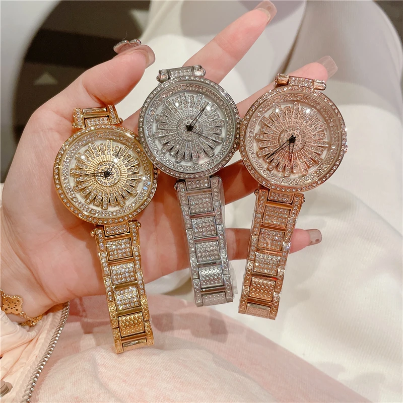 Luxury Rose Gold Women Watches Stylish Rhinstone Rotate Dial Casual Wrist watch for women Top Brand Waterproof Clock A301