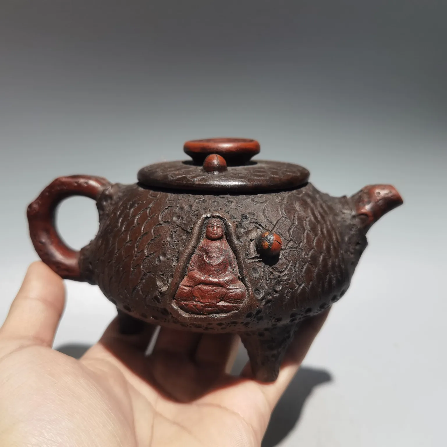 

7"Chinese Yixing Purple Clay Teapot Root Bark Texture Amitabha Buddha Pot Kettle Teapot purple mud Ornaments Worship Hall