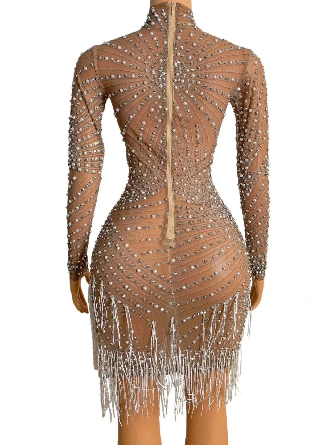 Vestido de malla con perlas y diamantes de imitación para mujer, traje transparente para fiesta de baile