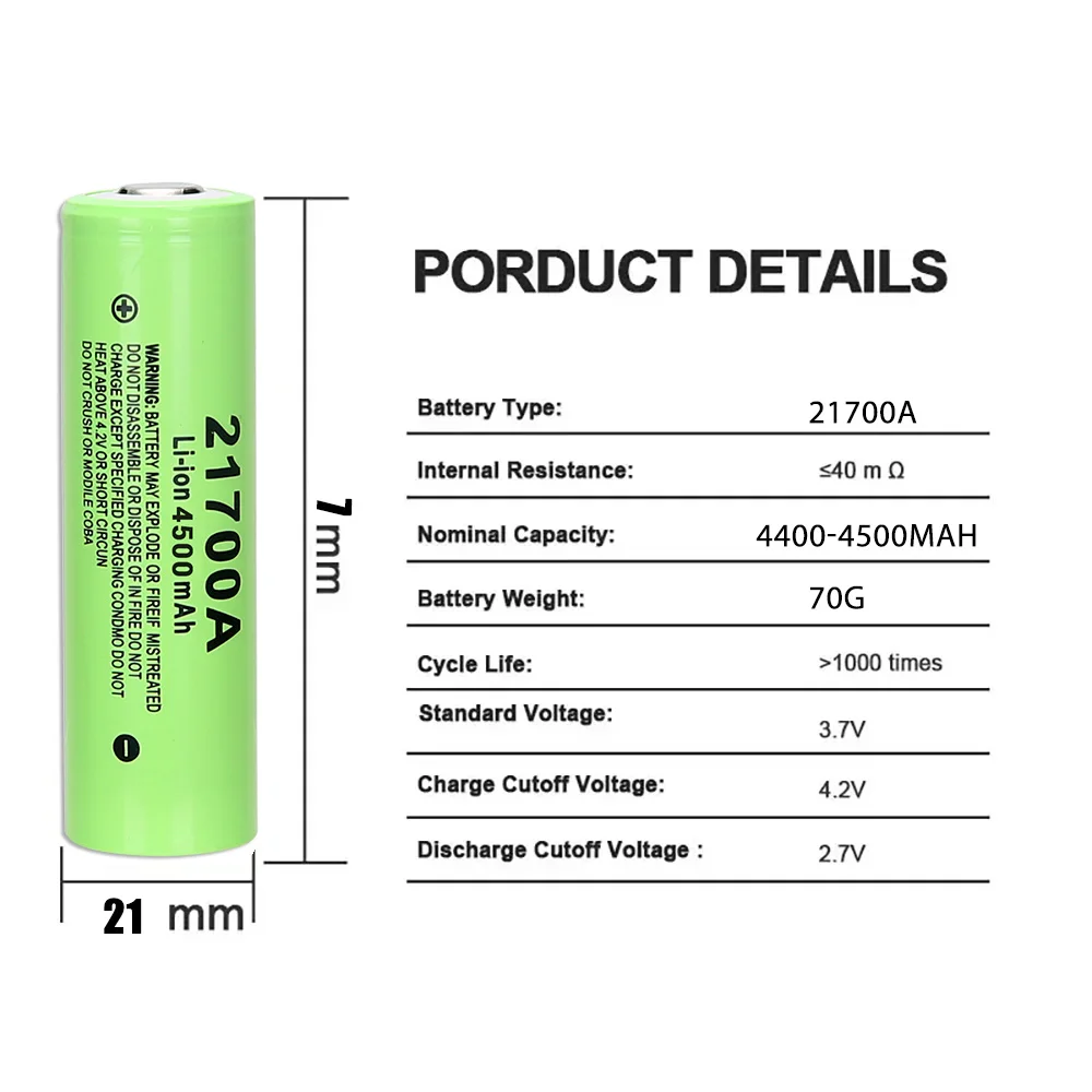 4.2V 21700 Rechargeable Battery 4500mAh Power Batteries 3C Discharge 21700 HD Cell Lithium Battery with a T6 LED Flashlight