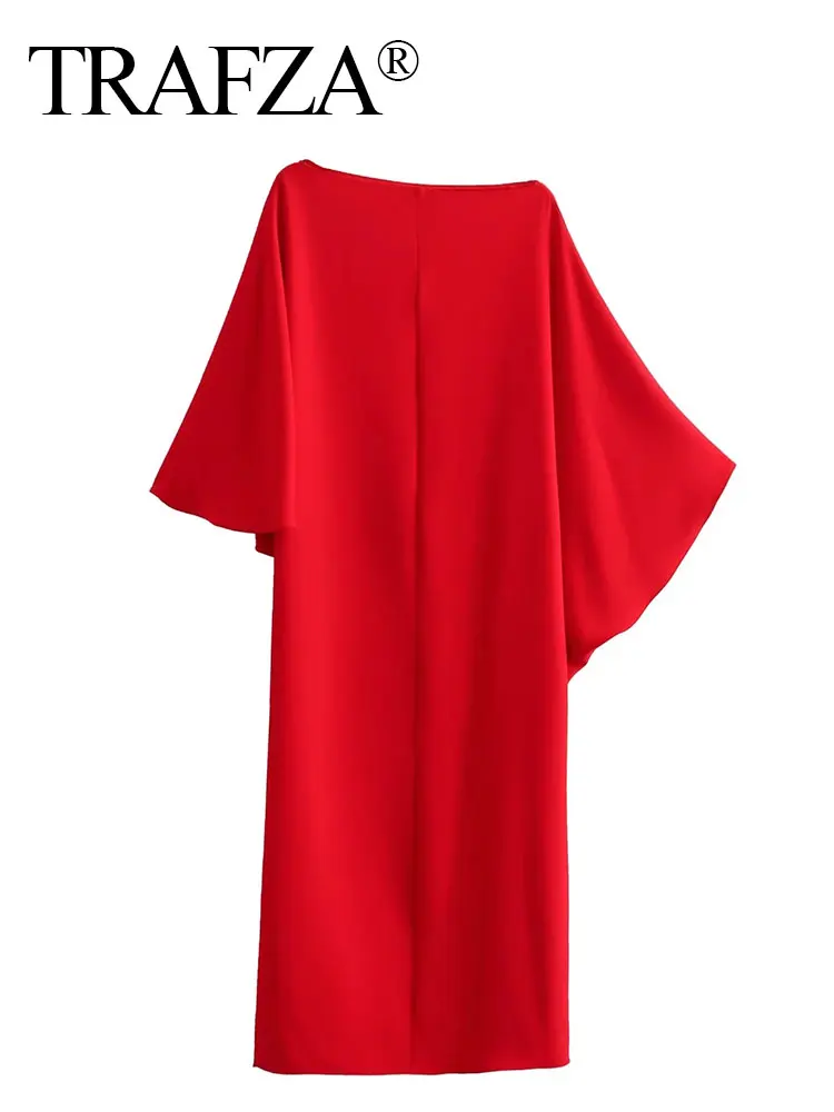 TRAFZA Women Asymmetrical Dress Solid Casual Loose Cape Style Long Dresses 2024 Woman Elegant Evening Dress vestido