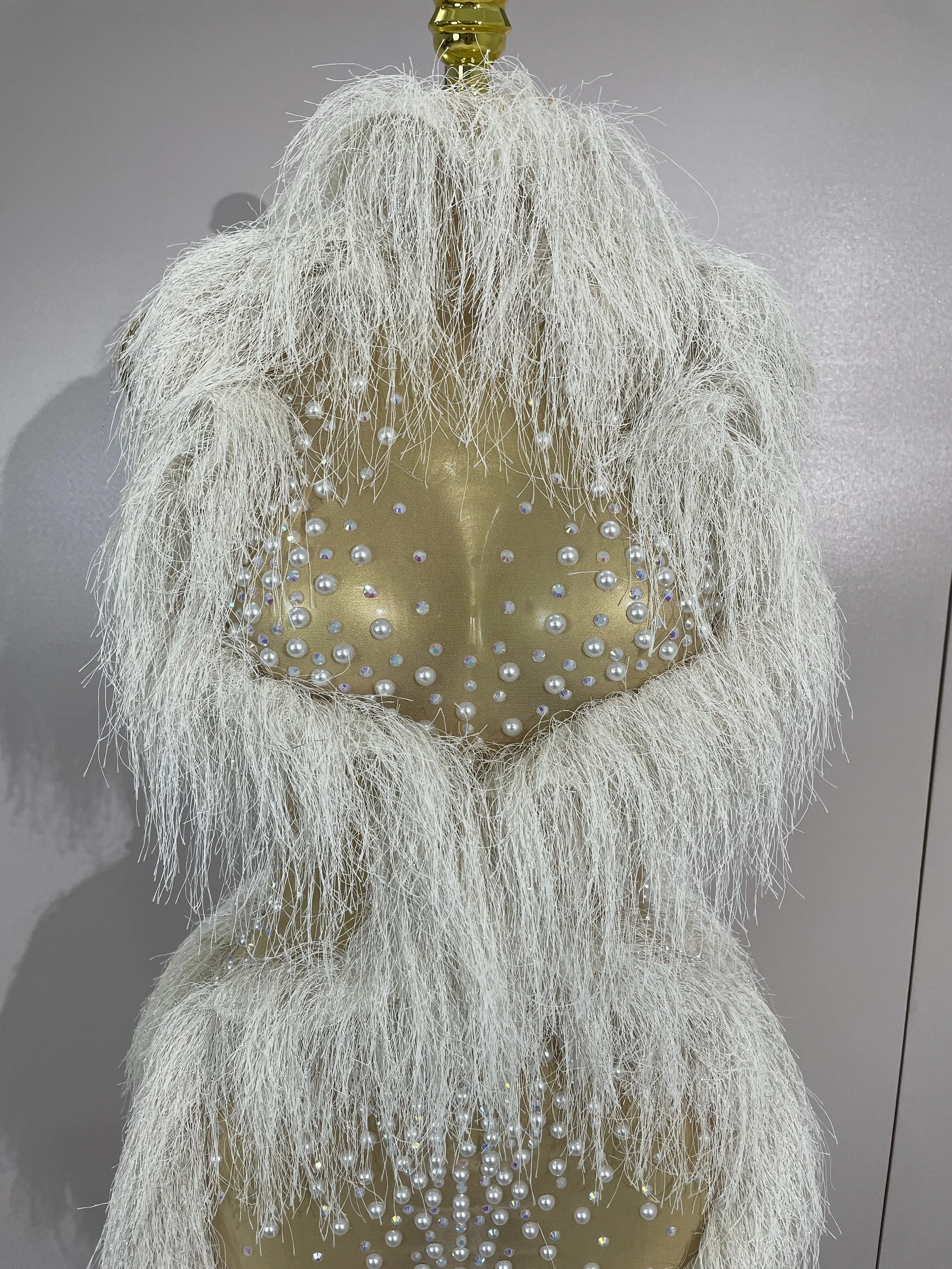 2026 New Sparkly Pearl Tassel Mesh See Through Long Dress Women Sexy Luxury Birthday Prom Party Nightclub Singer Stage Costume - Image 5
