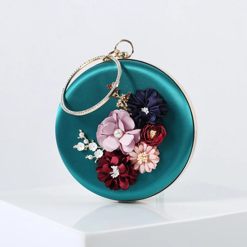 Women’s 3D Floral Round Clutch Purse Hand Bag Handmade Pearl Bridal Wedding Circular handbags Evening Party Wristlets bags