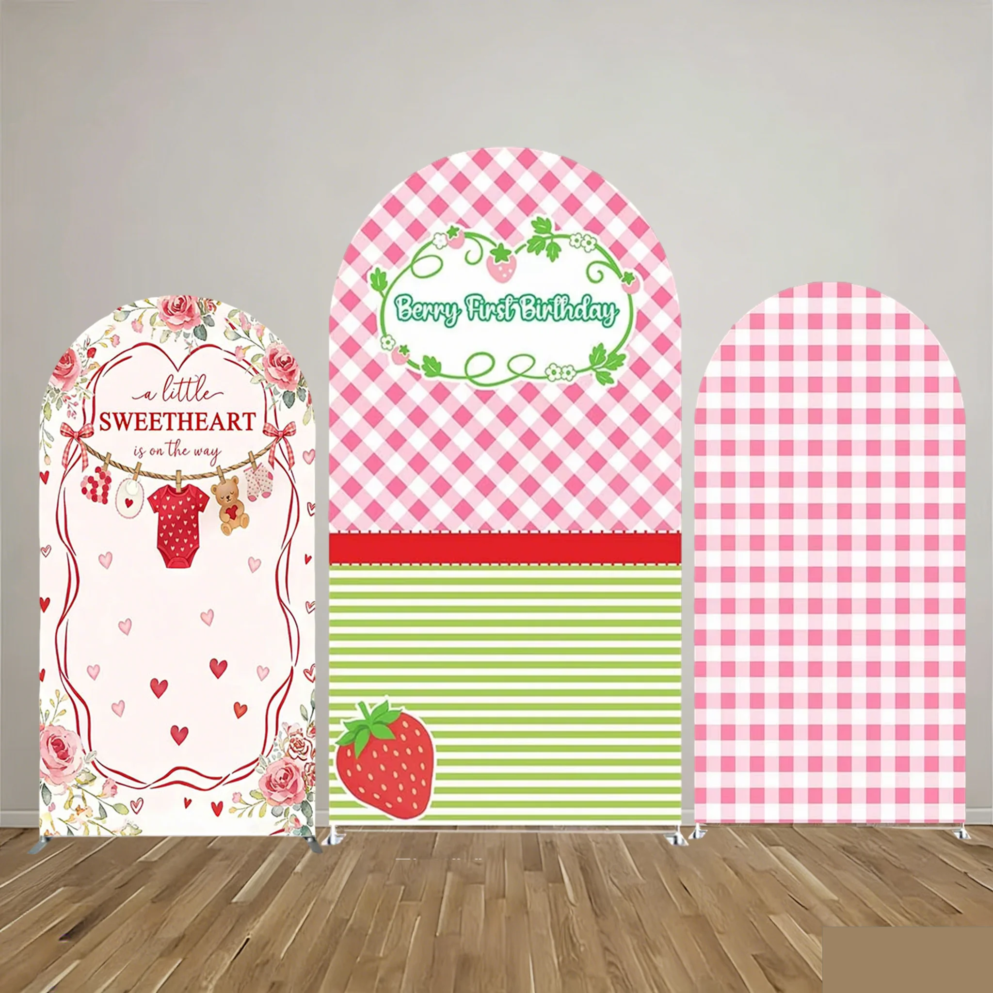 

Custom Pink Plaid Strawberry Love Girl First Birthday Party Baby Shower Full Moon Banquet Arch Backdrop Decor Photography Cloth
