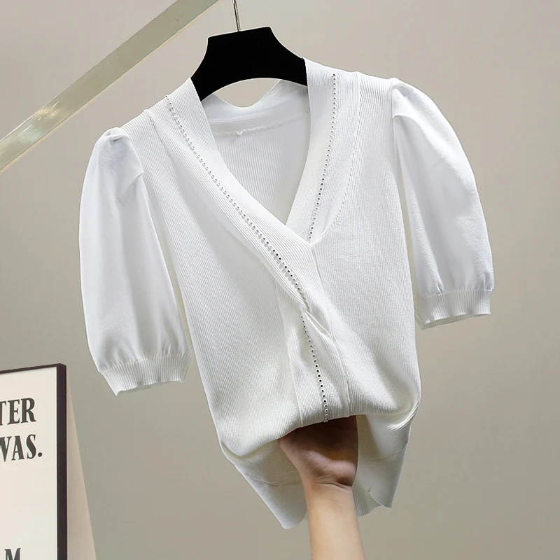 

Handmade Heavy Embroidery Cross V-Ne Sweet Bubble Sve Knitted Sweater Faionable Age-Defng Slim Fit Top