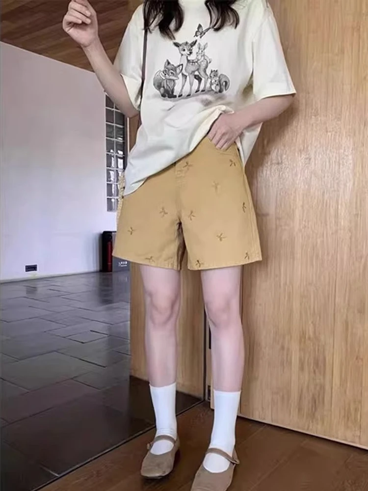 자수 데님 반바지 여성 하이웨이스트 통통한 mm 루즈 슬리밍 와이드 레그 핫팬츠 5부 여름 트렌드 신상 팬츠