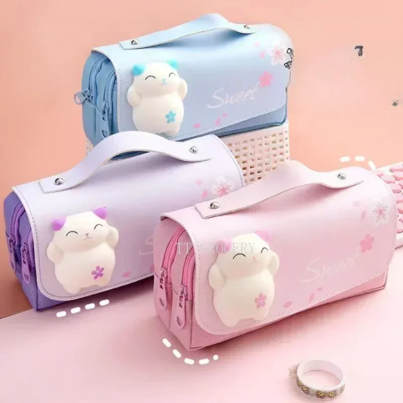 cute cat decompression pencil case grande pencil box portable girls pen bolsa bolsa escolar de dupla camada papelaria kawaii 01