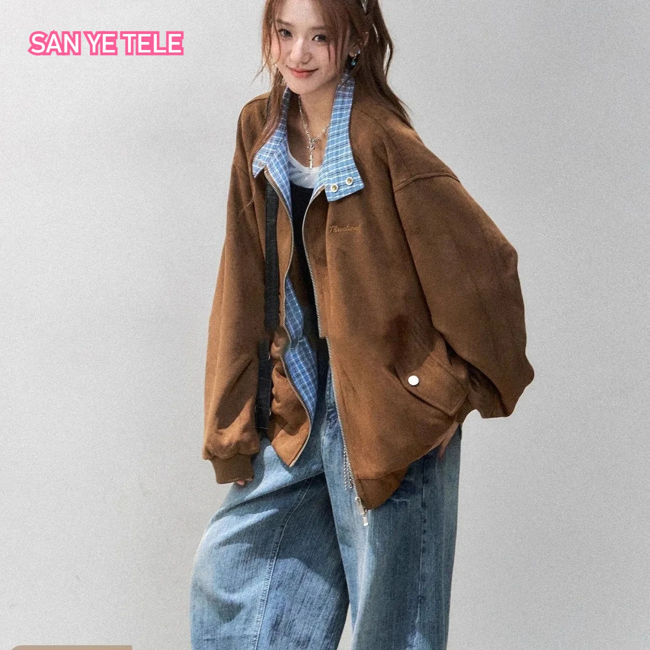

Plaid Splicing Suede Jacket Coat Women Coffee Color Retro Korean Slim Stand Collar Double Zipper Loose Casual Baseball Uniform