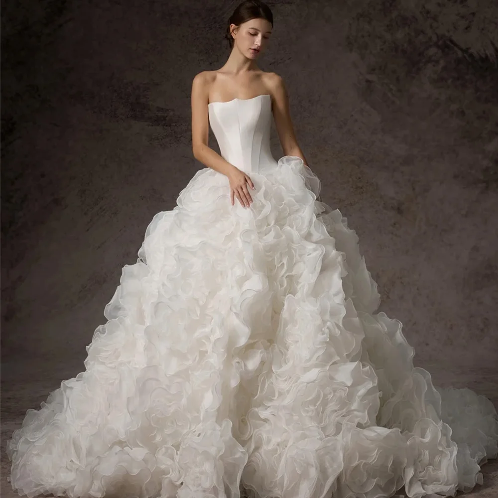 

Exquisite Satin Ruffles Wedding Dress Customized Dreamy Strapless Sleeveless Vestido De Novia Fashion A-Line Tulle Bridal Gowns