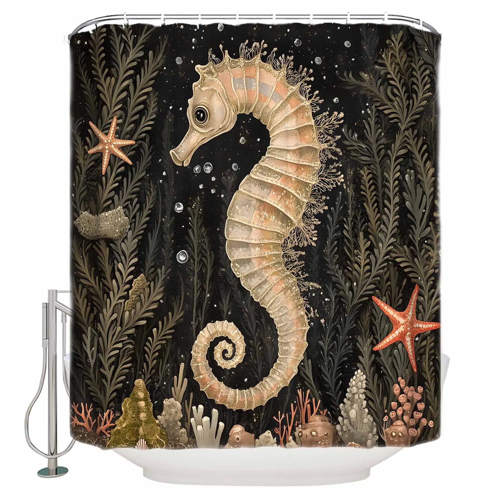 

Retro Seabed Seahorse Shower Curtains Waterproof Bath Curtains Home Decor Modern Luxury Bathroom Curtain