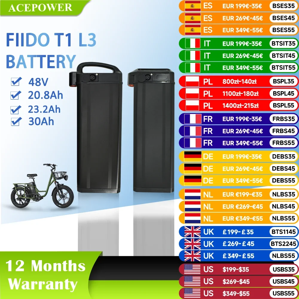 

For Fiido T1 Heybike Explore Vivi Z8 Wallke H6 Engwe O14 Battery Ebike Battery 48V 20.8Ah 30Ah Folding Electric Bike Batteries