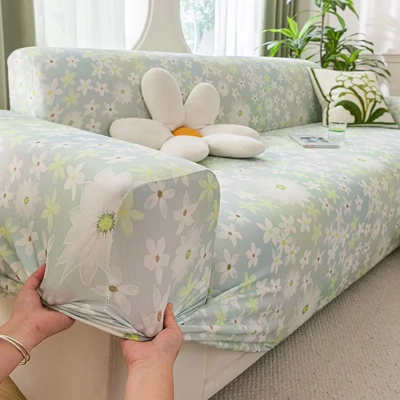 Cooling Silky Sofa Cover for Summer Autumn All-Cover Non Slip Couch Cushion for Living Room Cozy Printed Removable Home Decor
