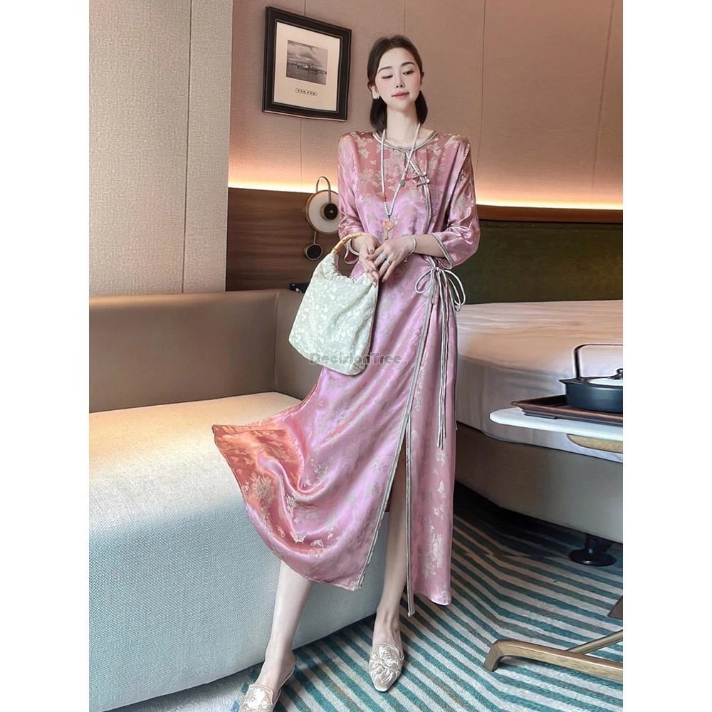 2024 new chinese improved round collar half sleeve cheongsam dress national style loose printed dress pink slit long qipao w692