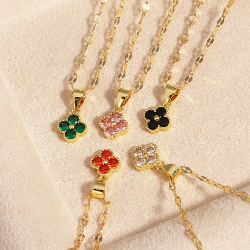316L Stainless Steel Chain Violet Clover Pendant Necklace for Women Luxury Colored Crystal Neck Female Wedding Jewelry Gift