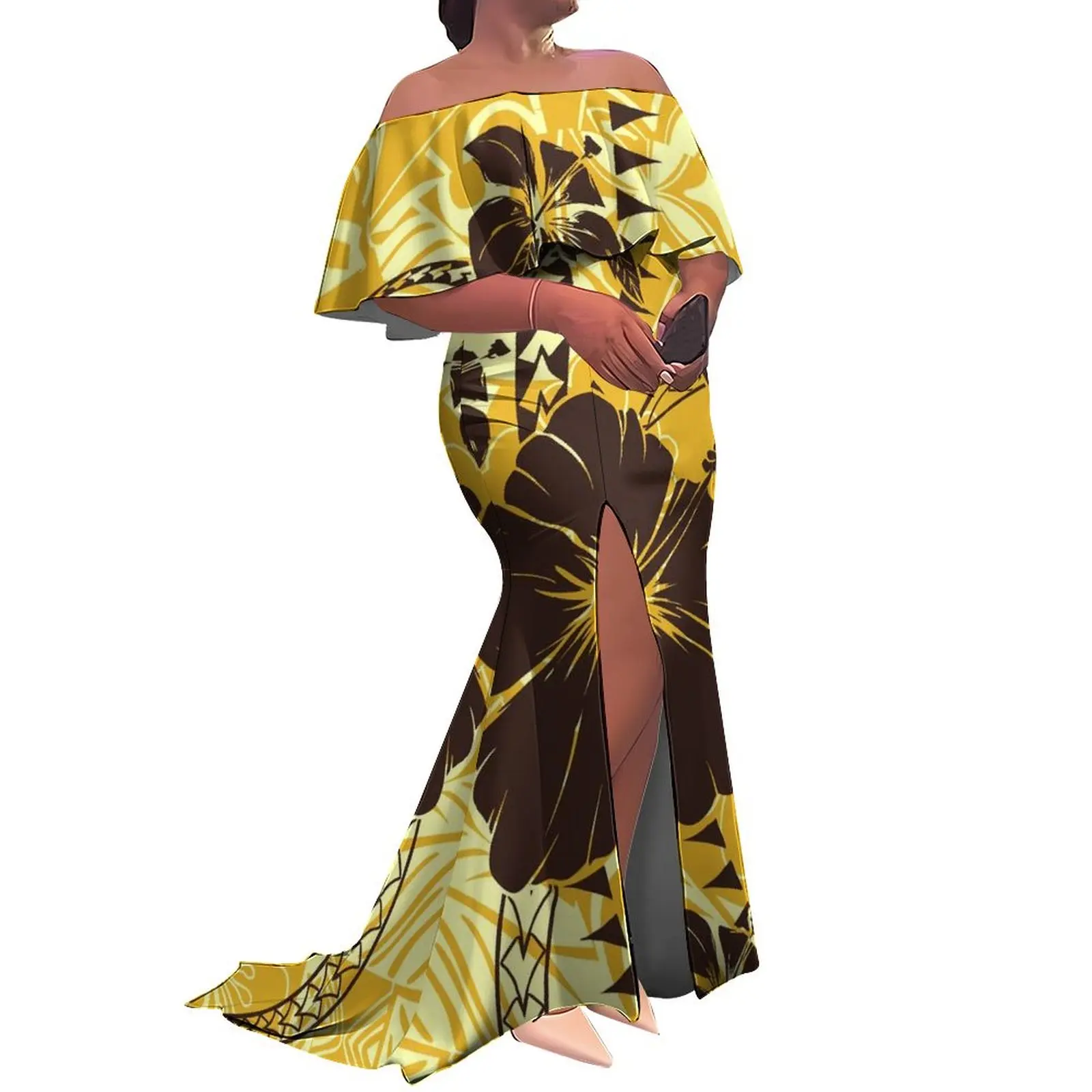 Tax Included Brand New Samoan Design Women Fishtail Dress Custom Polynesian Top Quality Off Shoulder Split Mermaid Dress