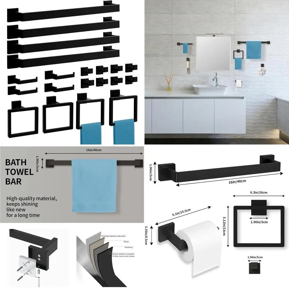 

Stainless Steel Bathroom Hardware Set - 20-Piece Matte Black Towel Bar and Accessories for Modern Bathroom Decor