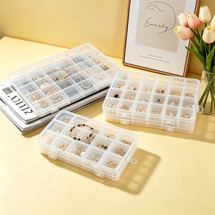 Transparent plastic multi-sized compartmented jewelry storage jewelry stringing storage box electronic accessory organizing box