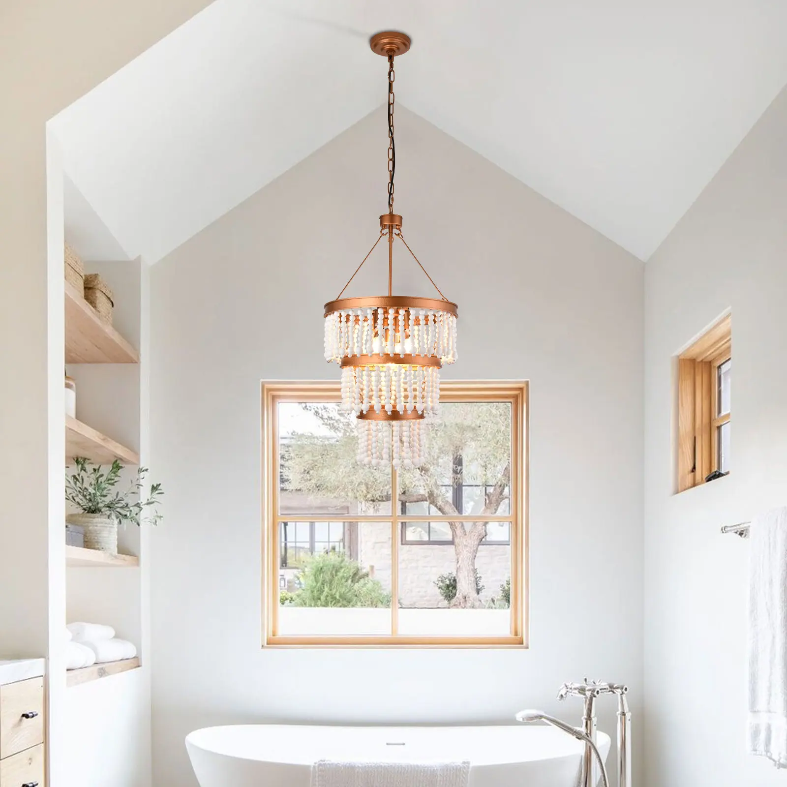 TS-HSLT-650 Lampada a sospensione con perline di legno in oro - Diametro 16 pollici * Altezza 29,5 pollici, lunghezza catena 59 pollici - Senza sorgente luminosa E12 * 5-