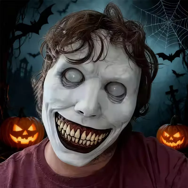 Creepy Halloween Smiling Face Demon Mask White Eyed Devil Mask Scary Smile Exorcist Party Decoration Carnival Mask for Halloween