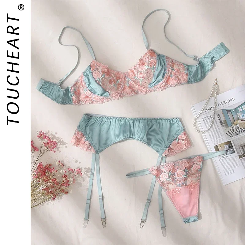 

Toucheart Sexy Embroidery Underwear Set For Women Lace Flowers Patchwork Mesh See-through Sexy Garters 3 Piece Underwear Set New
