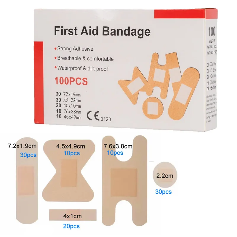 Kit de primeiros socorros impermeável para casa e viagens, gesso ferida, remendo band-aid multi tamanho, acessórios de emergência, 100 unid