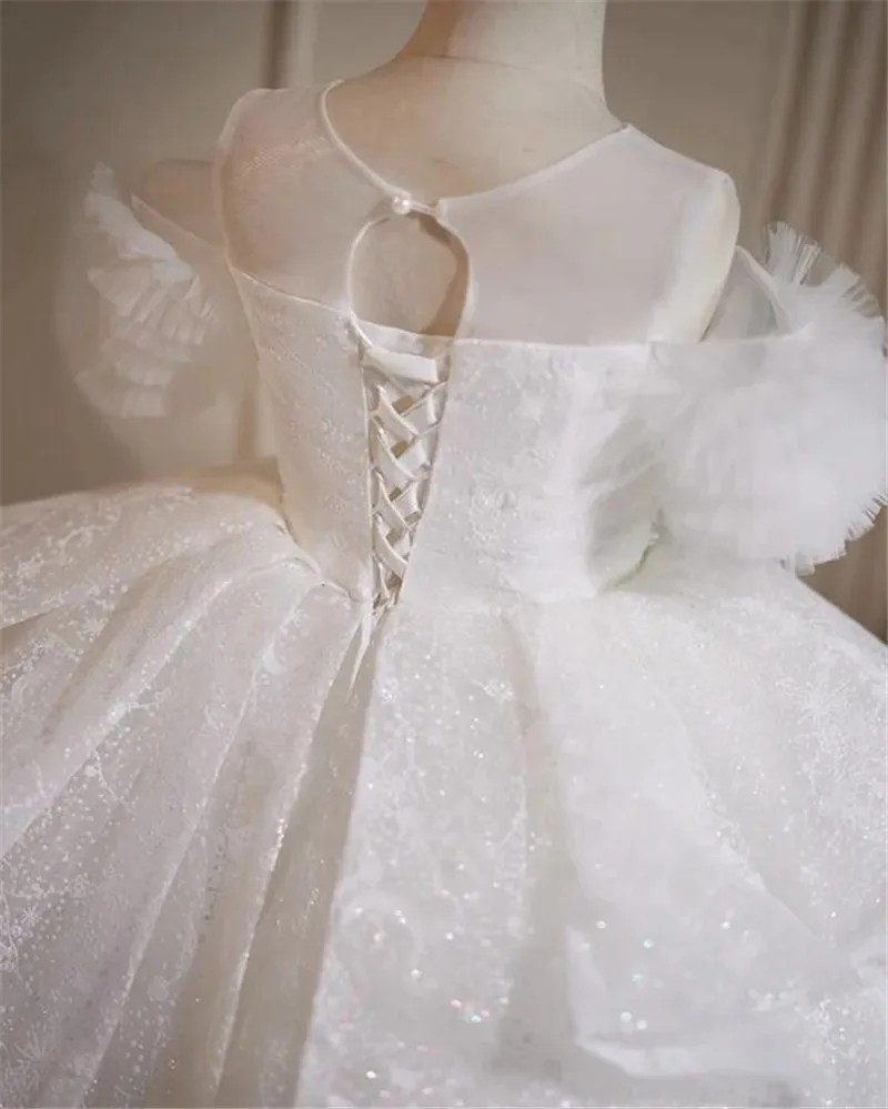 Robes de demoiselle d'honneur blanches pour mariage, corset Back Off, robe de princesse initiée, robe de première communion pour enfant, taille 1-14T