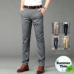 2024 Summer Men's Thin Casual Pants Highly Elastic Comfortable Fashion Business Straight Trousers Brand Clothes Khaki Black