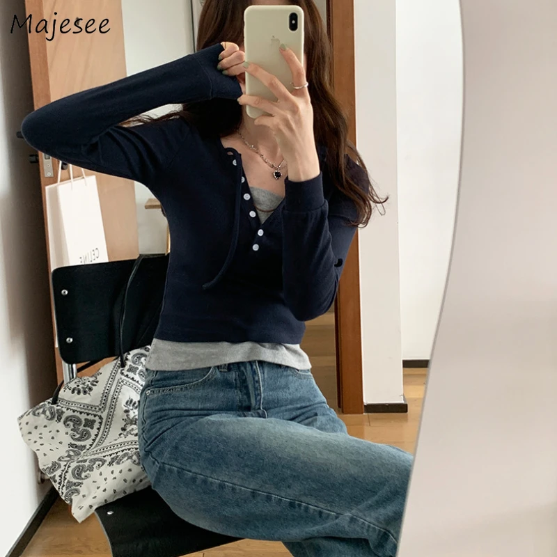 Long Sleeve T-Shirts Women Streetwear Slim Fit Popular Ins All-match Fake 2pcs Korean Fashion Lace-up V-neck Tops Spring Sexy