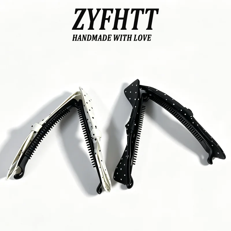 1/2 Stück ZYFHTT Schwarz-weiße gepunktete Haarspange mit Schleife für Damen, elegante Haarspange für den täglichen Gebrauch, Bananenspange, modische Haarspange für Mädchen, Pferdeschwanzspange – Detail 2