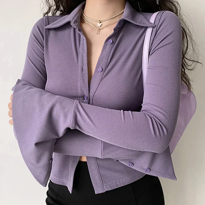 Purple Polo Turn Down Collar Flared Long Sleeve Blouses And Shirts Women Vintage Elegant Y2k Button Spring Autumn Tops Cardigan