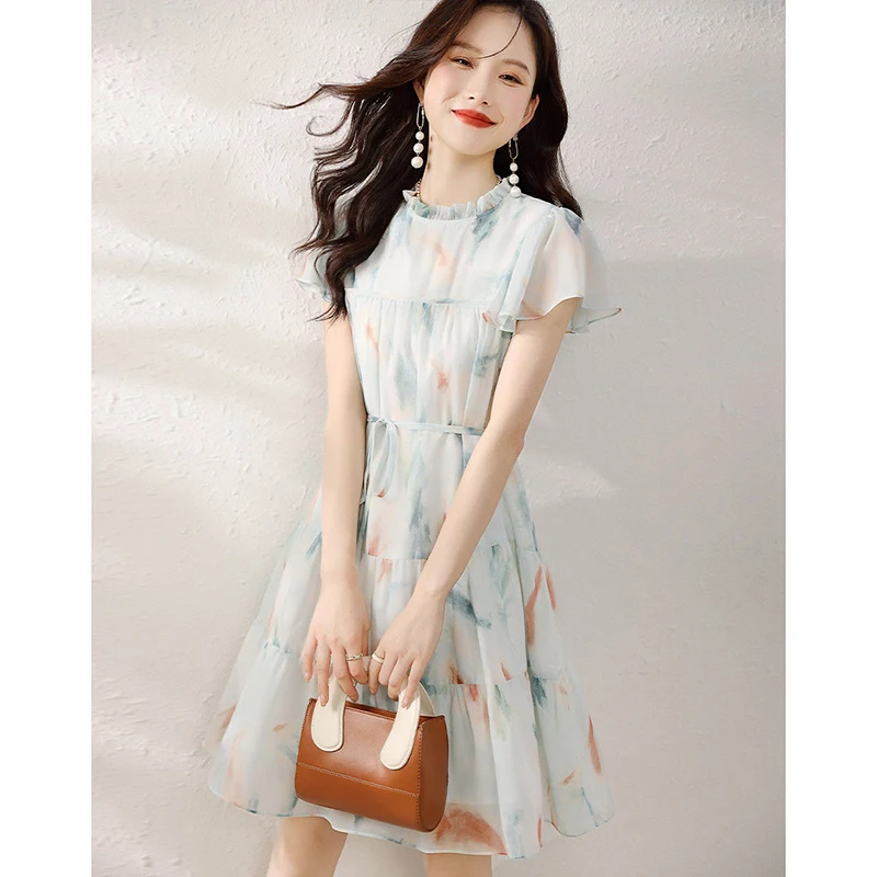 

Elegant Ruffled Neck Printed Folds Bandage Short Sleeve Dress Women Clothing 2024 Summer New Loose Butterfly Sleeve Party Dress