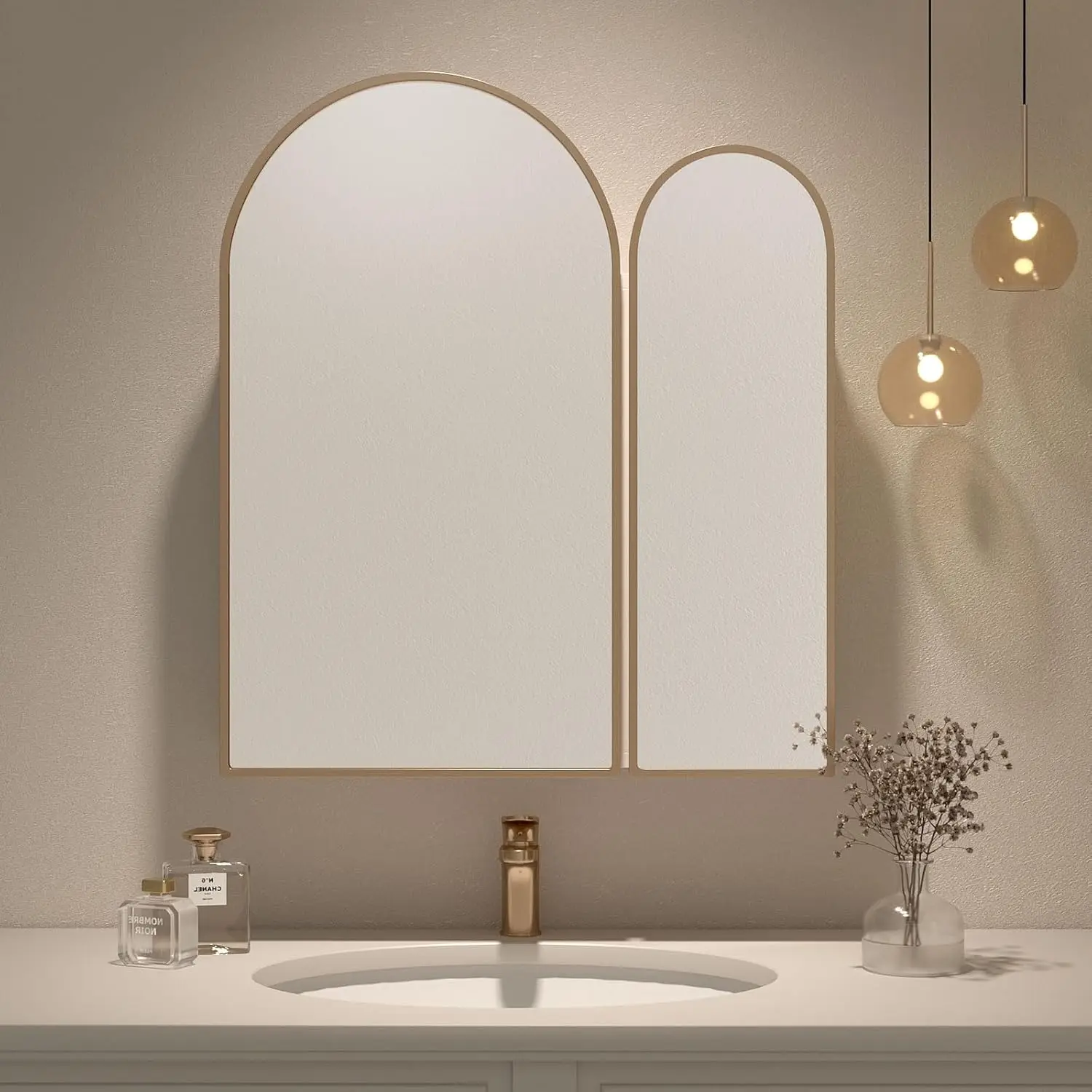 Arched Medicine Cabinet with Mirror, Gold,Surface Mount,Arch Metal Edge Mirror Medicine Cabinet for Bathroom 24x28 Inch, 2 Doors