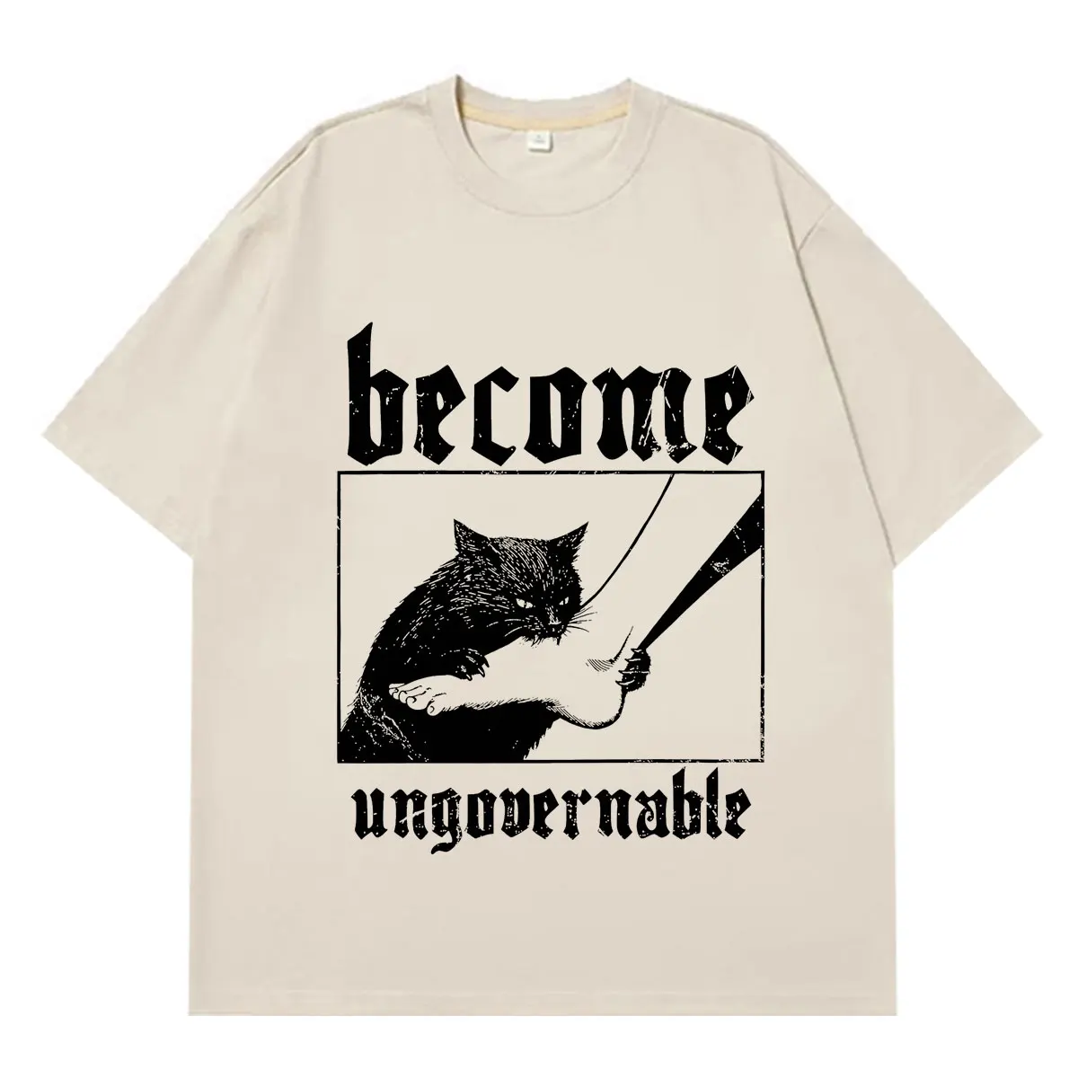 Become Ungovernable Funny Cat Biting Foot T-shirt Men's Women vintage T-Shirts Summer short-sleeved loose casual cotton t-shirts