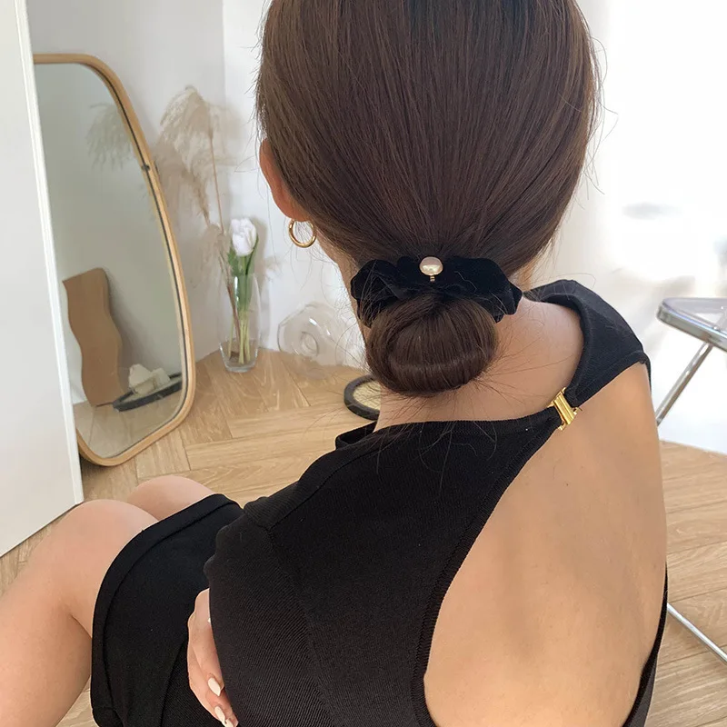 Anillo de perla ovalada Simple de estilo coreano, accesorio versátil de terciopelo negro de alta calidad para el cabello, cuerda para el cabello