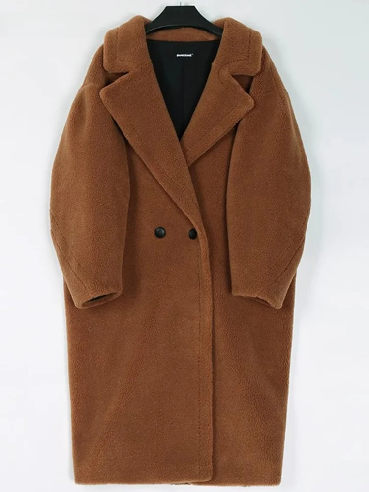 Nerazzurri Teddy Bear Coat Women's Mid-Length Shape Teddy Bear Jacket Faux Fur Outerwear Winter Fashion Korean Style Long Sleeve