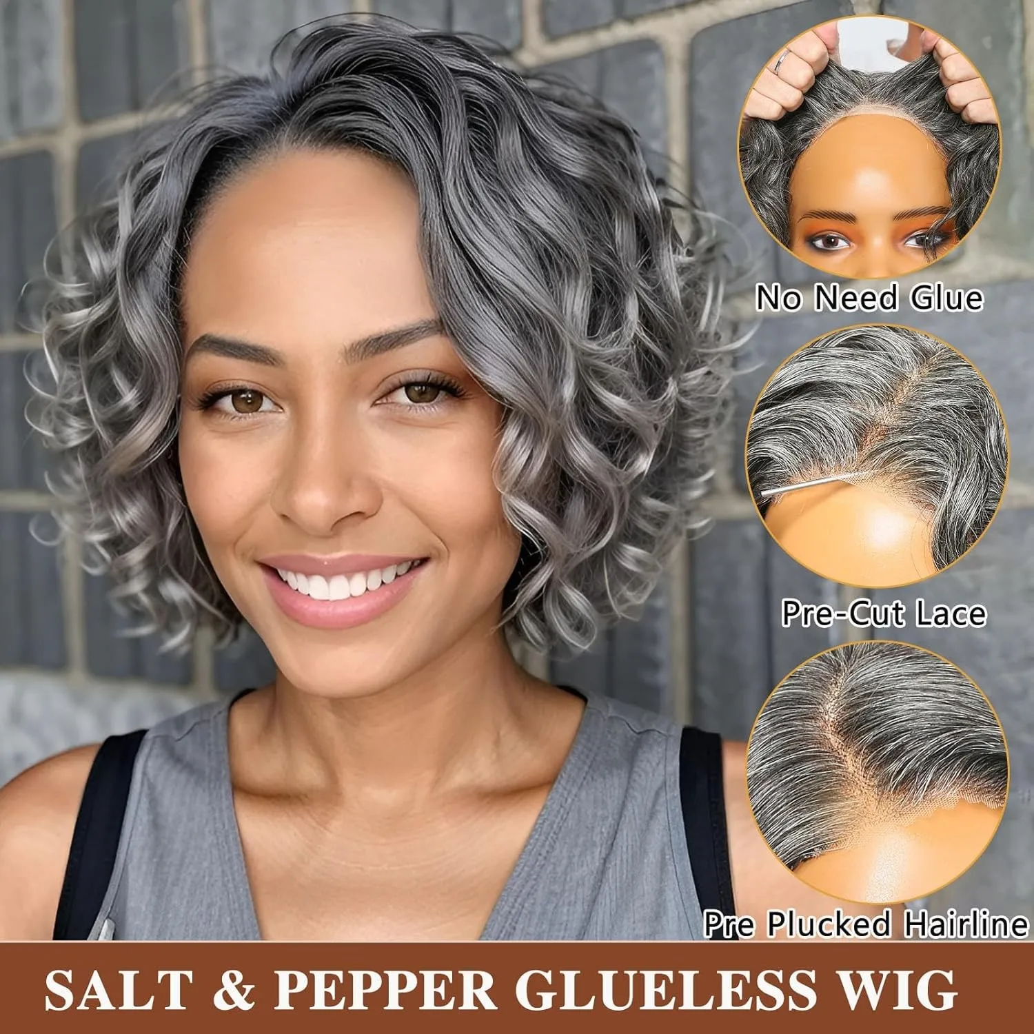 Wig Queen Stylish Salt & Pepper Wig Human Hair Water Wave Throw On & HD Curly Lace Closure Bob Wigs Pre-Cut Lace
