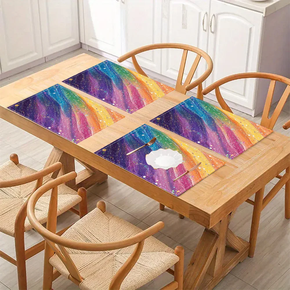 Colorful Rainbow Galaxy Placemats Sparkling Starry Night Table Mats Washable Linen Texture Decoration for Kids Room Party Home