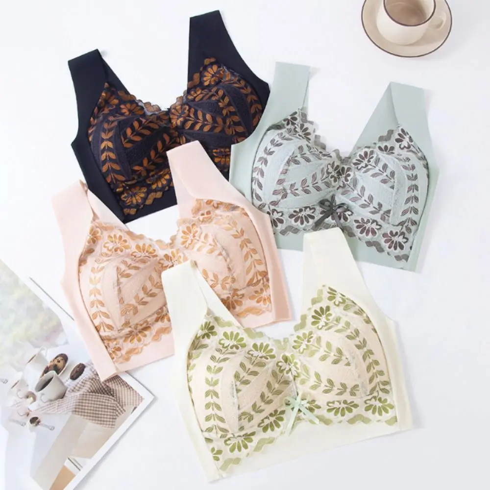 Leaf Flower Lace Deep V Bras Big Cup Gathered Breasts Seamless Push Up Bras Shockproof Lingerie Brassiere for Women Yoga